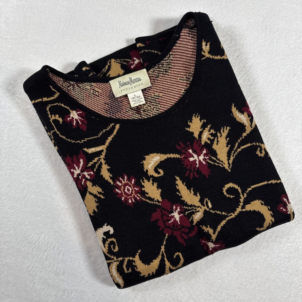 Neiman Marcus Exclusive100% Silk intarsia Floral Sleeveless Sweater‎ Black Large - Picture 8 of 8